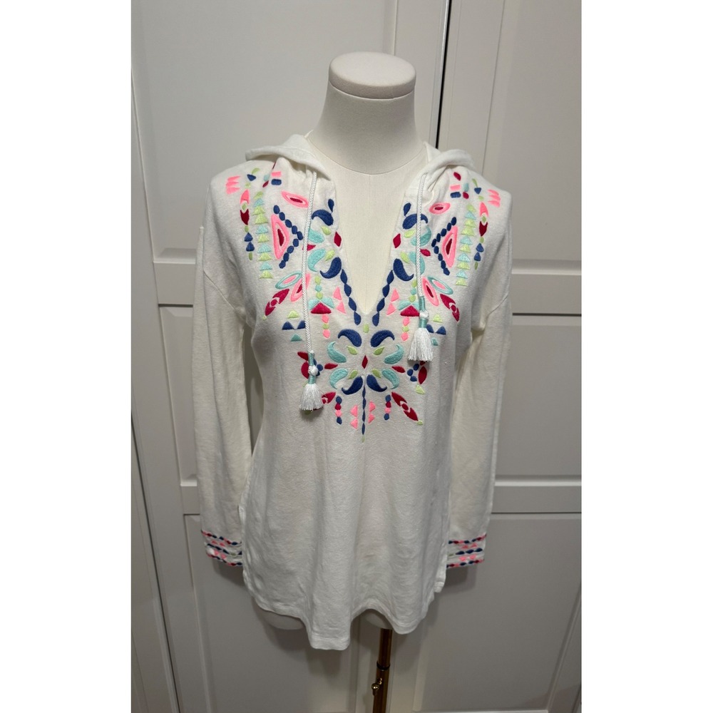 Vineyard Vines White Linen Cotton Embroidered Tassel Hoodie XXS